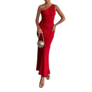 Zara Red Satin One Shoulder Maxi Dress